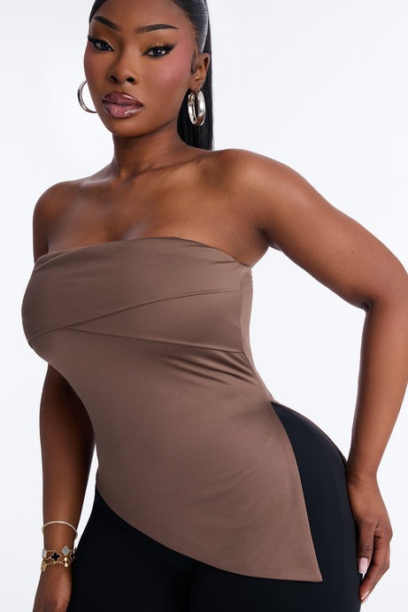 Contour Double Lined Asymmetrical Split Tube Top - Brown