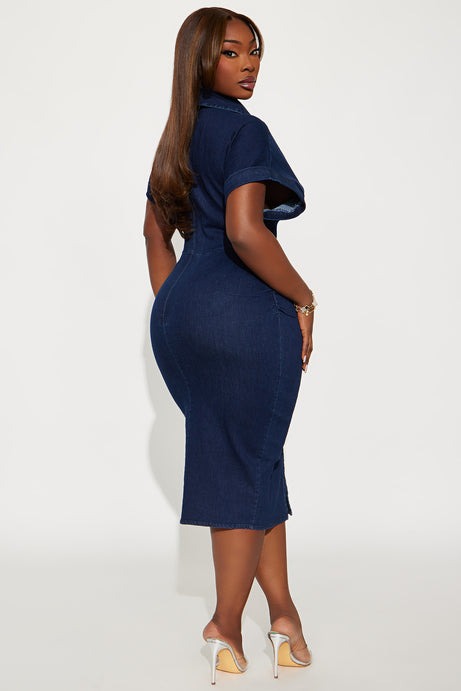Amberly Ruched Denim Midi Dress - Dark Wash