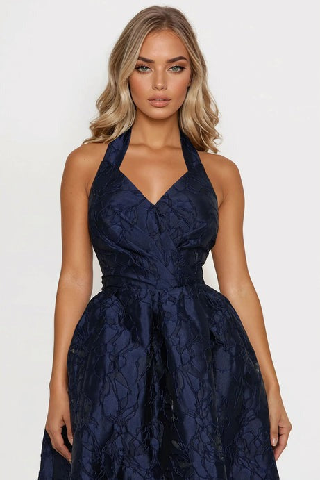 Keep You Enchanted Jacquard Halter Midi Dress - Navy