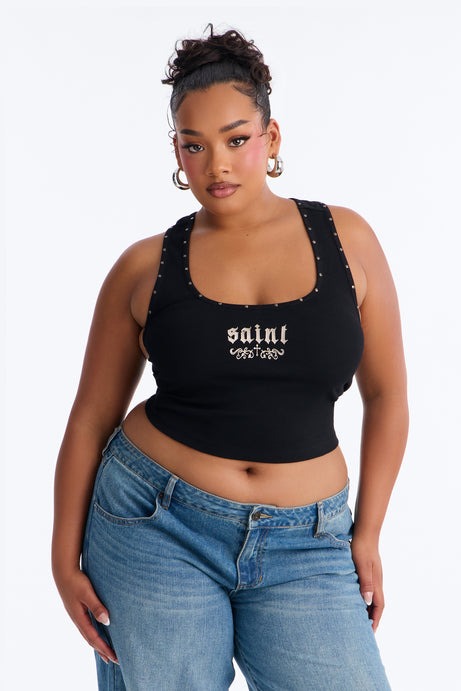 Such A Saint Studded Ribbed Tank Top - Black