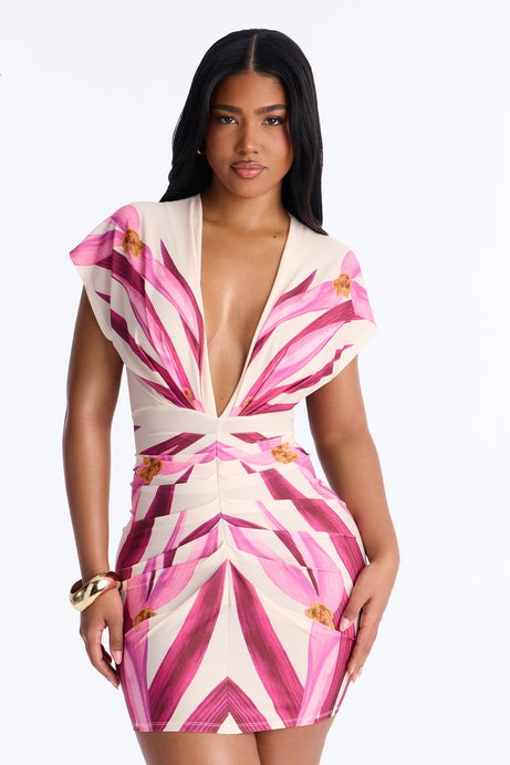 Athena Short Sleeve Floral Mini Dress - Pink/combo