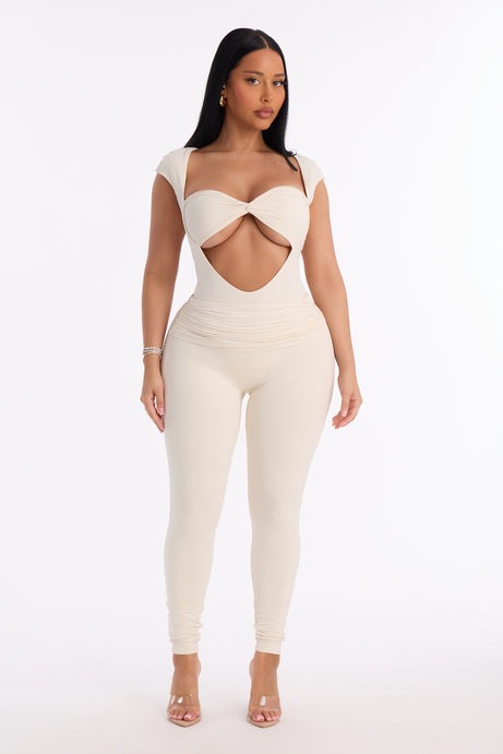 Second Skin Double Lined Cut Out Cap Sleeve Bodysuit - Bone
