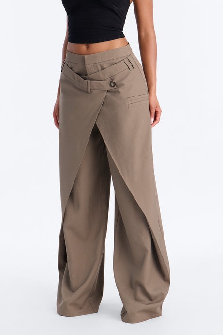 Seeing Double Wide Leg Wrap Front Trouser - Caffe