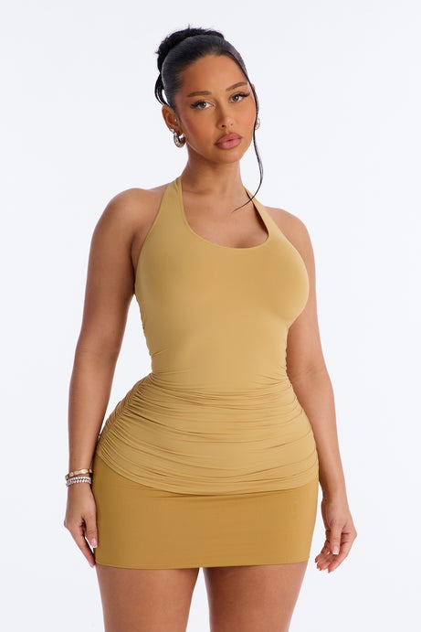 Second Skin Ruched Backless Halter Top - Honey