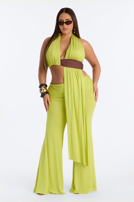 Avery Ruched Waist Pant Set - Chartreuse