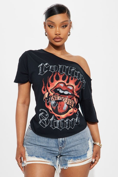 Rolling Stones Flame Off Shoulder Tee - Black