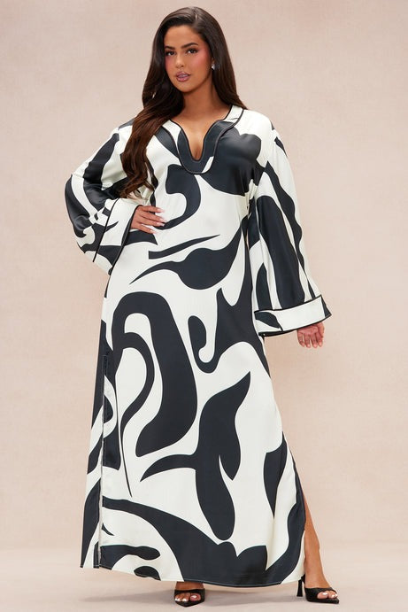Valentina Satin Kaftan Maxi Dress - Black/White