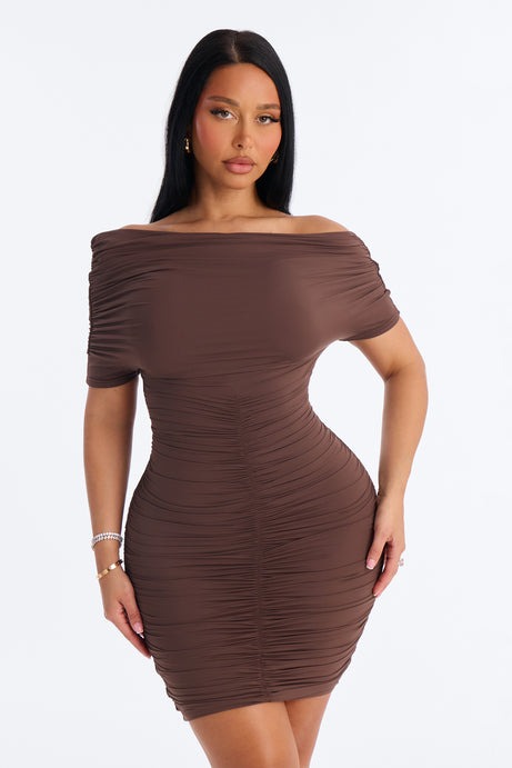 Second Skin Double Lined Off Shoulder Ruched Mini Dress - Chocolate