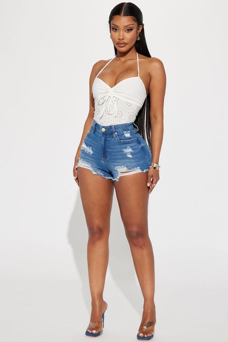 Just My Type Ripped Stretch Denim Shorts - Medium Wash