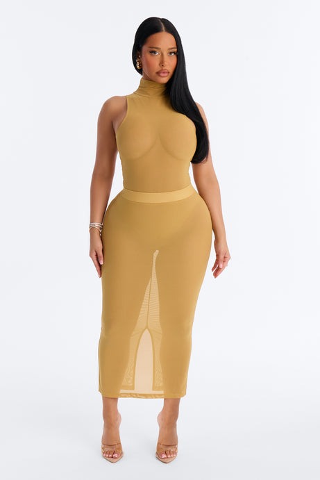 Power Mesh Turtle Neck Sleeveless Bodysuit - Honey