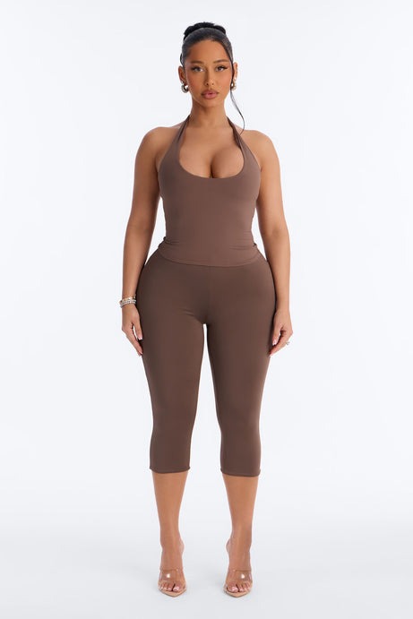 Second Skin Double Lined Twist U Neck Halter Top - Brown