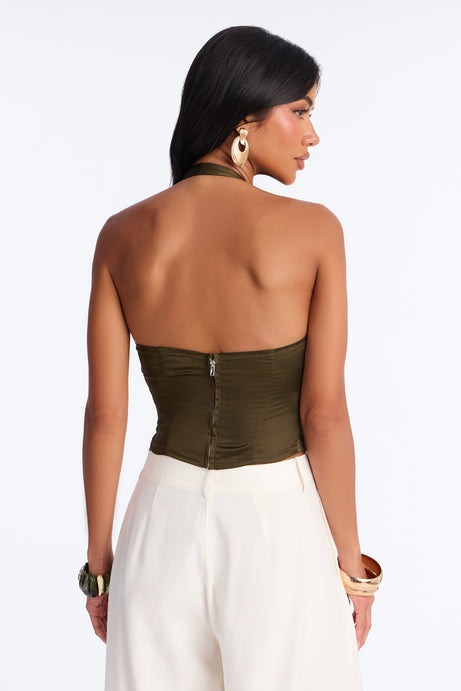 Midnight Mischief Tie Front Satin Halter Top - Dark Olive