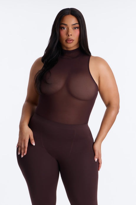 Power Mesh Turtle Neck Sleeveless Bodysuit - Chocolate