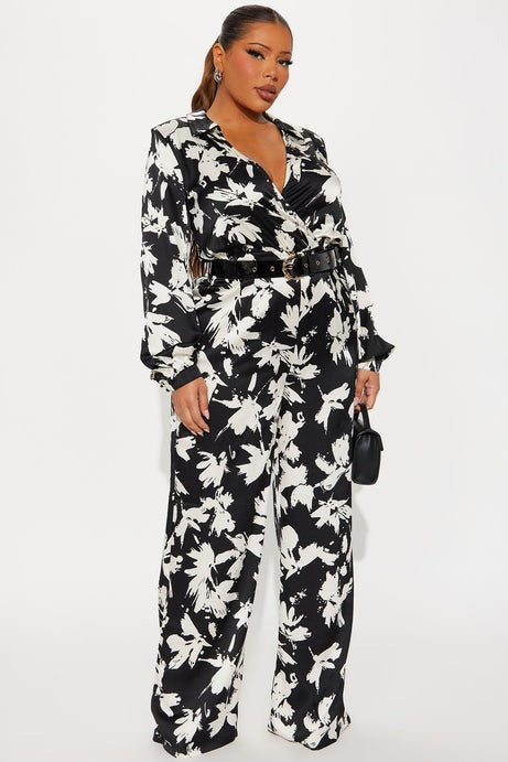 Nohely Satin Belted Jumpsuit - Black/White