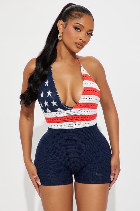Stars & Stripes Crochet Romper - Navy/combo