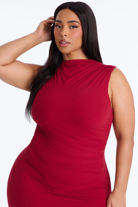 Second Skin Double Lined Ruched Slit Midi Dress - DarkRed