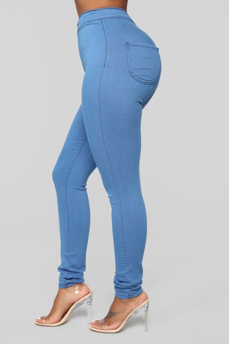 Super High Waist Denim Skinnies - Medium Blue