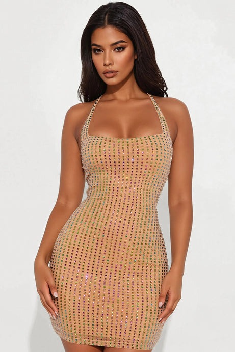 Night Of Glamour Embellished Mesh Mini Dress - Nude