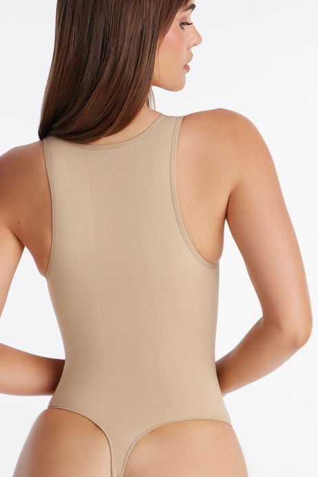 Nova Sculpt Seamless Strong Compression Scoop Neck Thong Bodysuit - Sand
