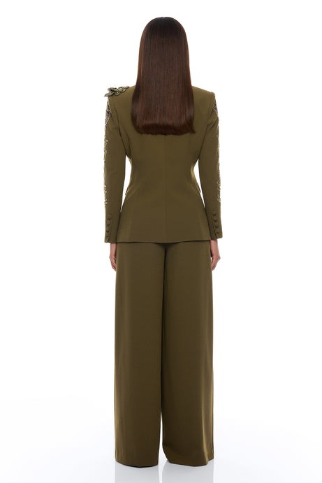 Indie Embellished Blazer Pant Set - Olive