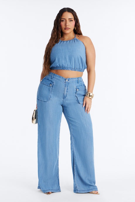 Renee Chambray Halter Pant Set - Blue