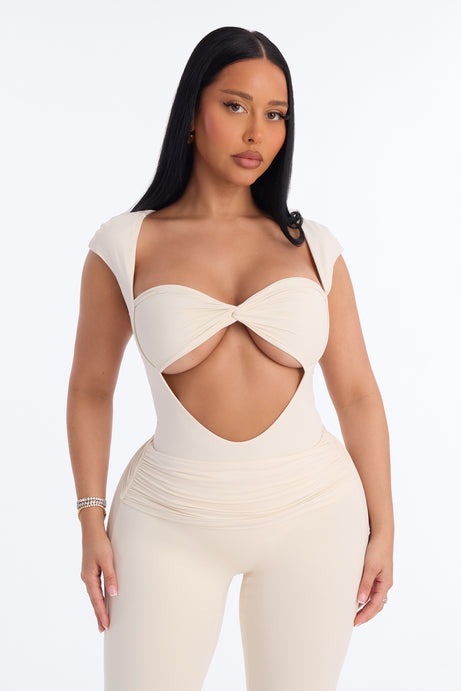 Second Skin Double Lined Cut Out Cap Sleeve Bodysuit - Bone