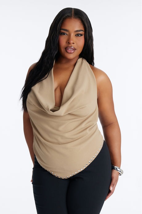 Piper Studded Crepe Knit Cowl Neck Halter Top - Stone