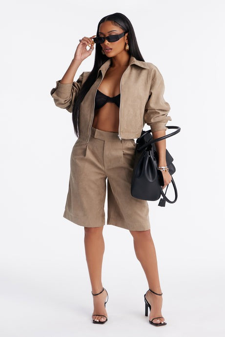 Command The Streets Faux Suede Jacket - Taupe
