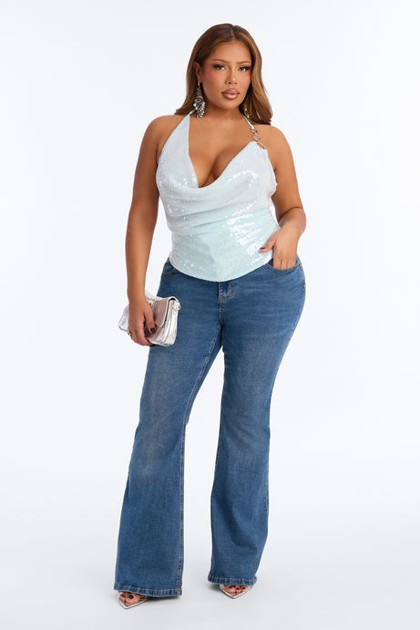 Rio de Janeiro Sequin Cowl Neck Halter Top - Blue