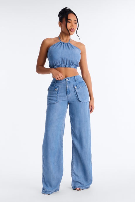 Renee Chambray Halter Pant Set - Blue