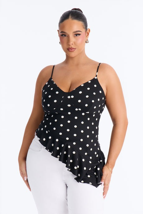 Bailey Polka Dot Asymmetrical Ruffle Top - Black/combo