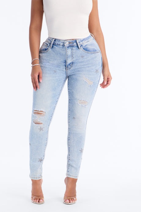 Super Stars High Rise Ripped Skinny Jeans - Light Wash