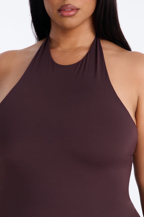 Second Skin Bra Pad Sleeveless Halter Mini Dress - Chocolate