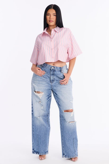 Aubrey Cropped Button Up Shirt - Pink/combo