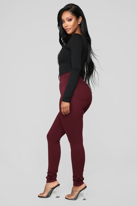 Super High Waist Denim Skinnies - Burgundy