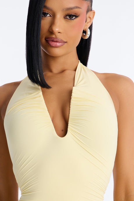 Second Skin Double Lined Ruched V Wire Halter Top - Butter Yellow