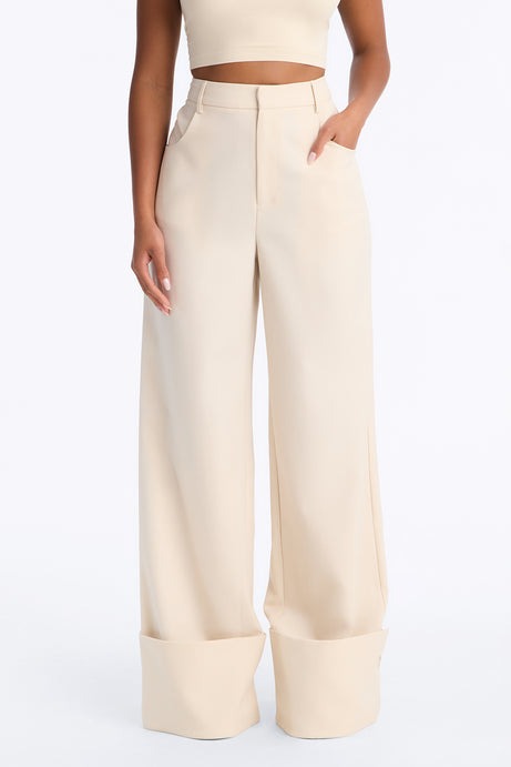 Clara High Rise Wide Leg Cuffed Trouser Pant - Stone