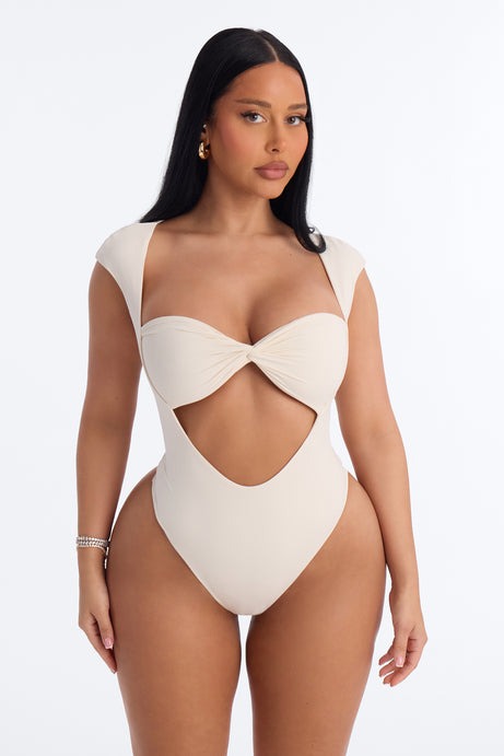 Second Skin Double Lined Cut Out Cap Sleeve Bodysuit - Bone
