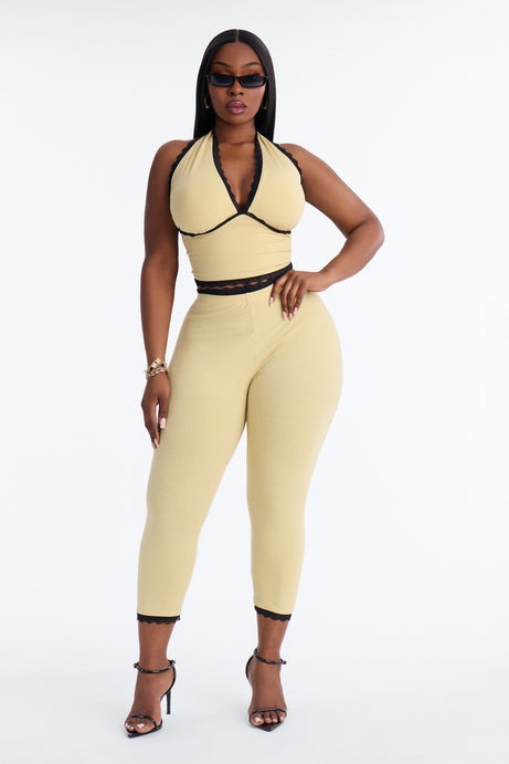 Your's Truly Halter Laced Ribbed Capri Set - Yellow/combo