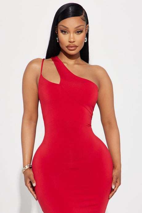 One Shoulder Midi Dress - Red