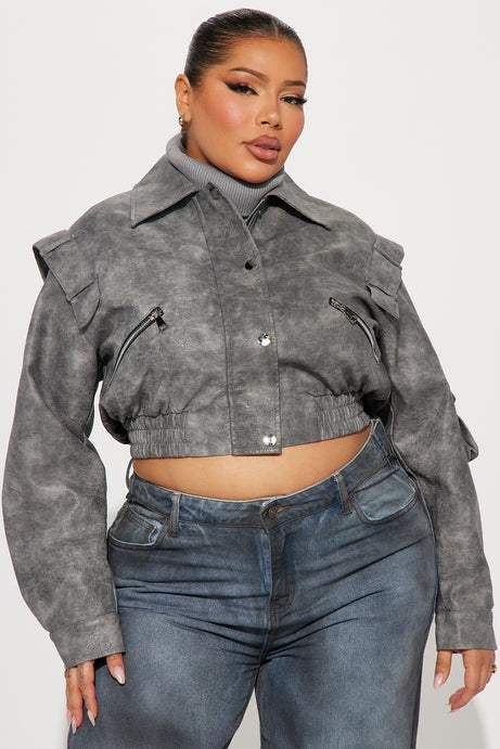 Harper Washed Faux Leather Jacket - Grey