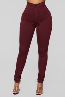Super High Waist Denim Skinnies - Burgundy