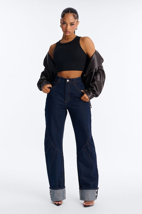 Turn It Up Cuffed Non Stretch Straight Leg Jeans - Dark Denim