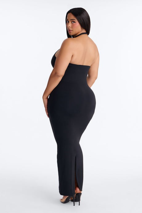 Second Skin Bra Pad Sleeveless Halter Maxi Dress - Black
