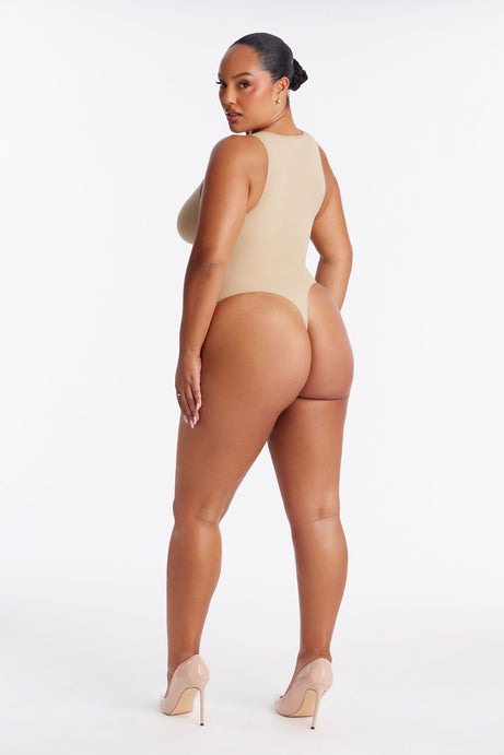 Nova Sculpt Seamless Strong Compression Scoop Neck Thong Bodysuit - Sand