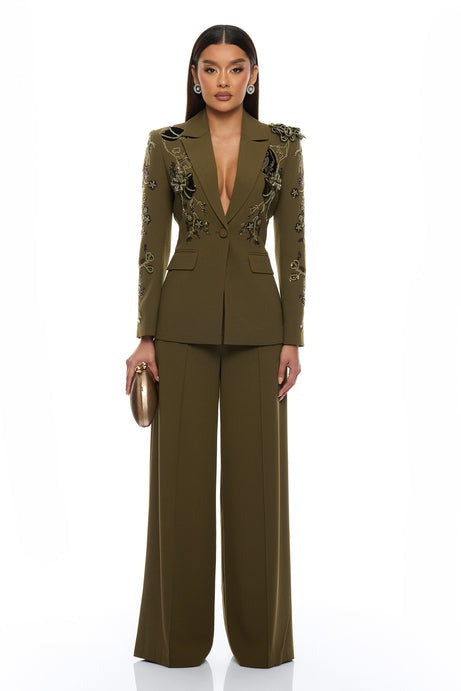 Indie Embellished Blazer Pant Set - Olive