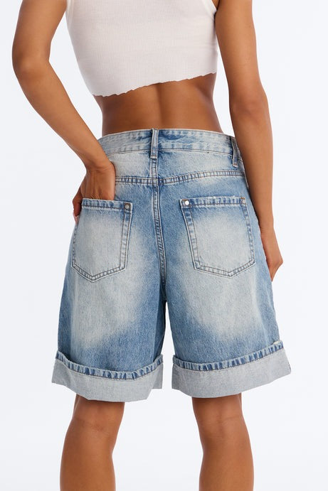 Trust Me Cuffed Denim Bermuda Shorts - Medium Wash