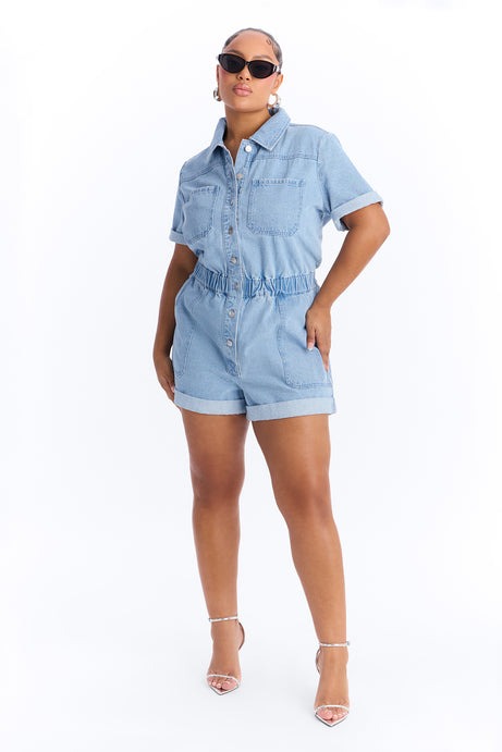 Victoria Light Wash Denim Romper - Light Wash