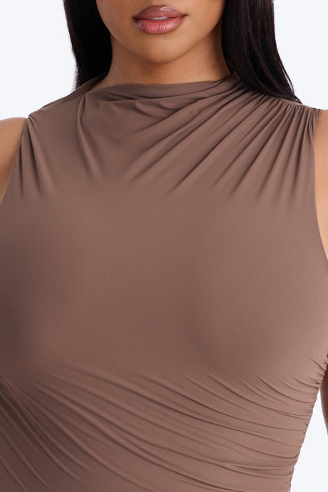 Second Skin Double Lined Ruched Slit Midi Dress - Brown