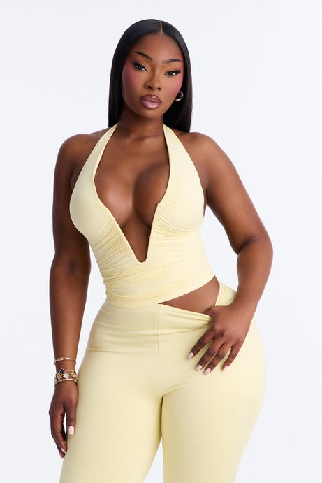 Second Skin Double Lined Ruched V Wire Halter Top - Butter Yellow